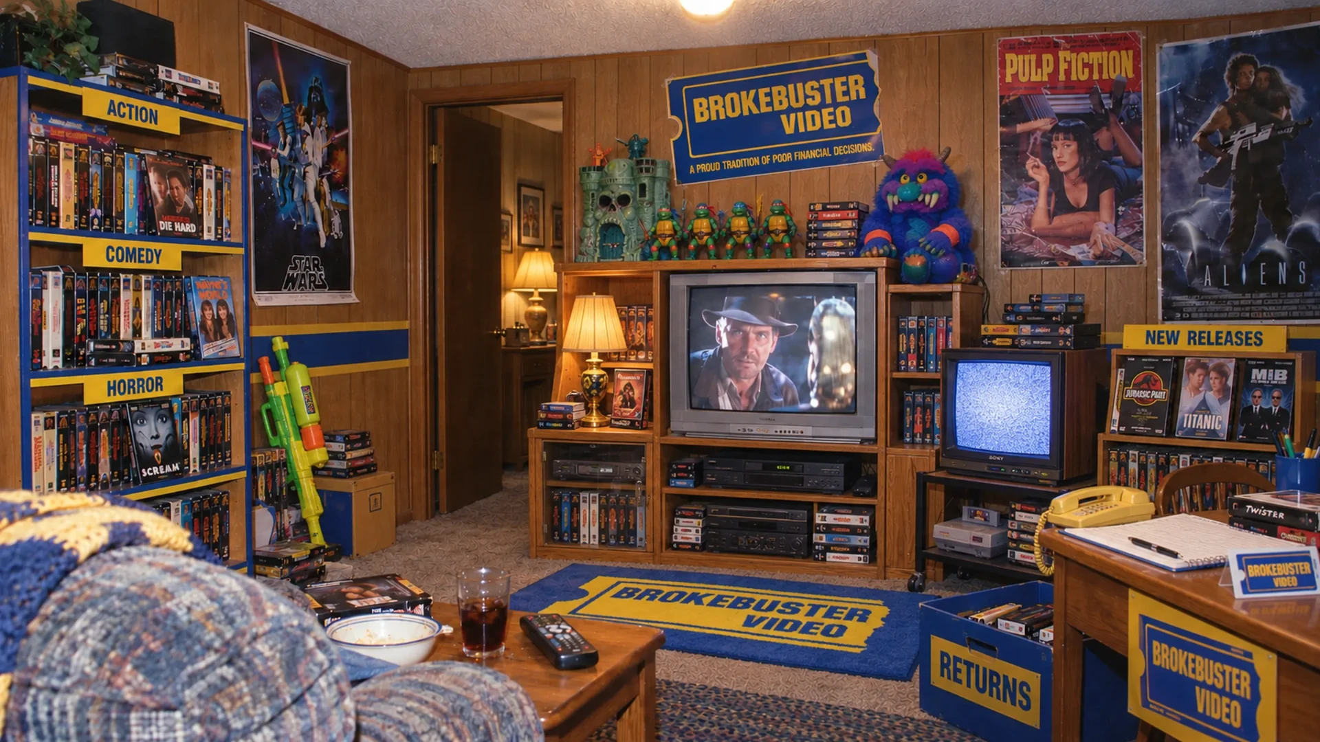The Svensson Closet: yellow walls, blue signage, shelves packed with movies